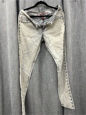 Women's Skinny Acid-Wash Jeans with Side Stud Detail - Light Gray
